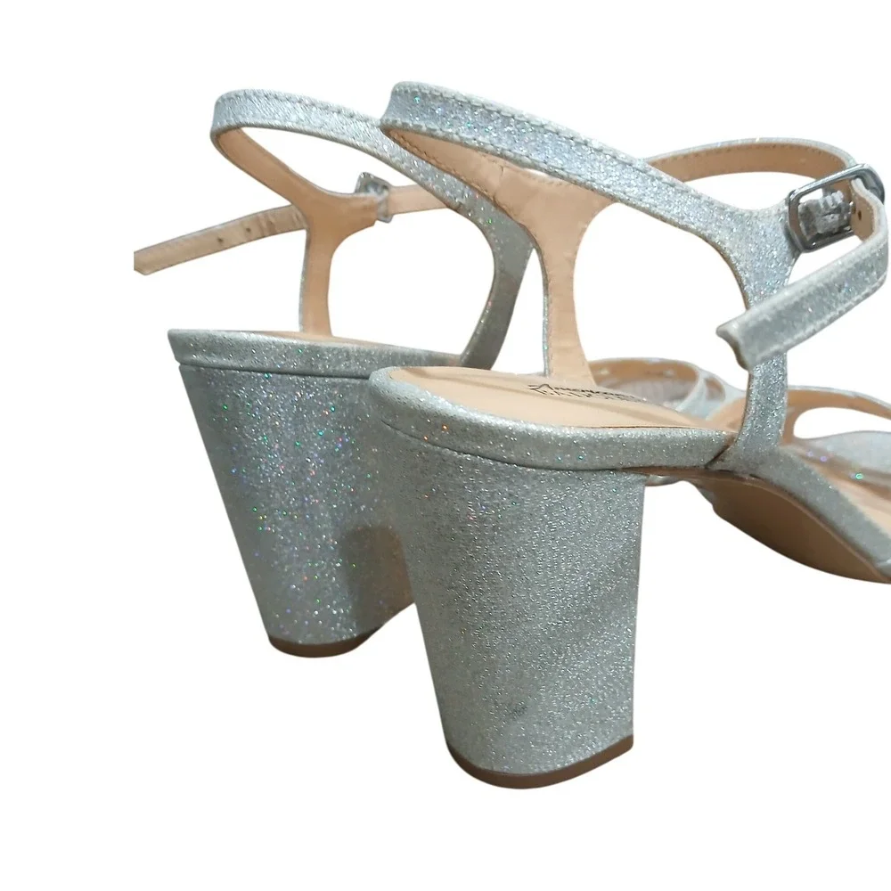 American Glamour Badgley Mischka Silver Glitter Strappy Heels Sandals Womens 8.5